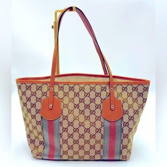 Auth Gucci Beige Brown GG Canvas Jolicouer Tote Bag Tan Patent Trim Sherry Line - Picture 12 of 16